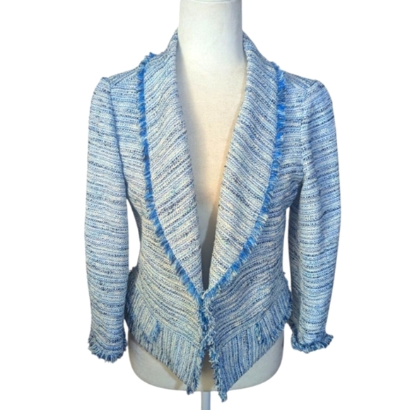 Etcetera Lux Blue Tweed Fringed Cropped Shorter 3/4 Jacket Blazer Sz 6 - Picture 1 of 12